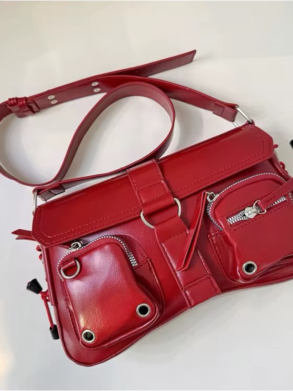 Red Faux Leather Crossbody Bag with Dual Zip Pockets